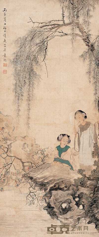 袁潮 柳荫垂钓图 轴 102×43cm